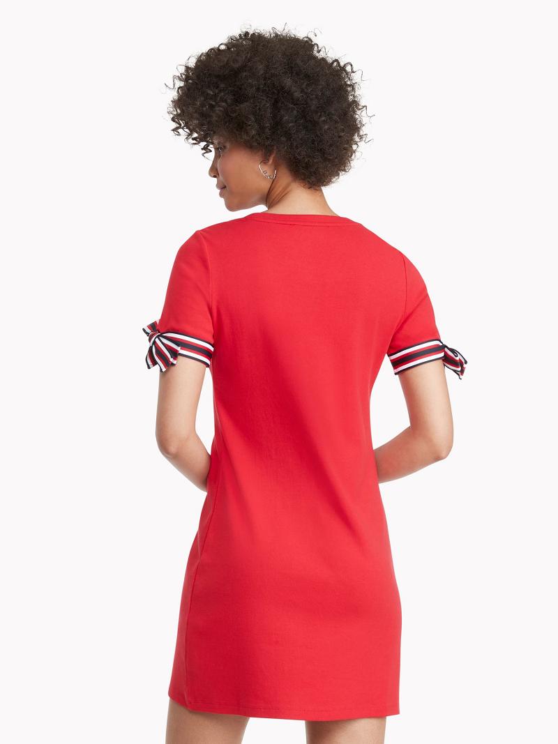 Női Tommy Hilfiger Essential Tie-Sleeve Dresses Piros | HU 80AHK